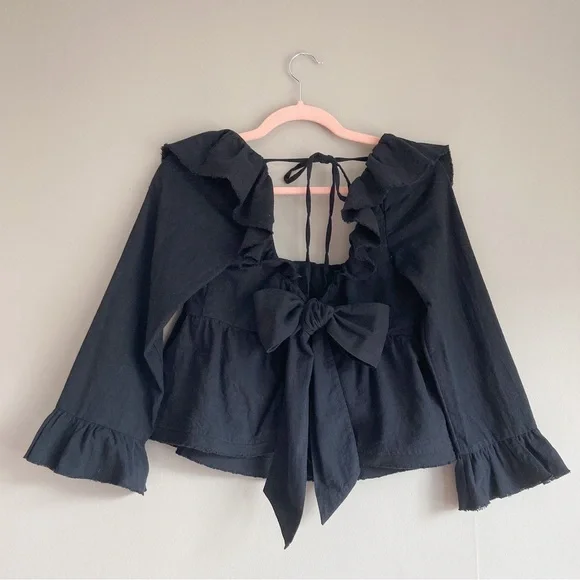 Free People Black Raw Hew Ruffle Bow Top - Picture 2 of 4